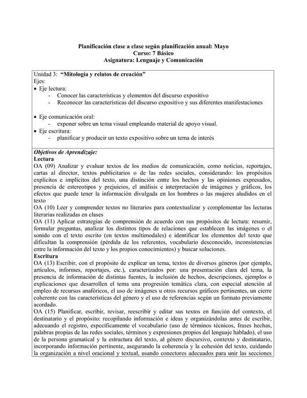 Planificación Clase a Clase: Mayo | Lenguaje y Comunicación 7° Básico
