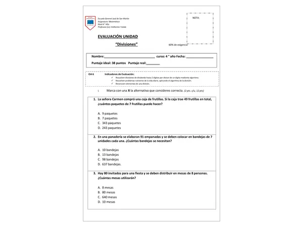 Evaluación de divisiones mediante algoritmo 4 año básico