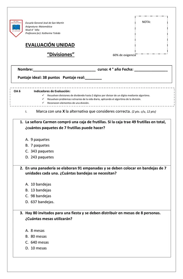 Evaluación de divisiones mediante algoritmo 4 año básico