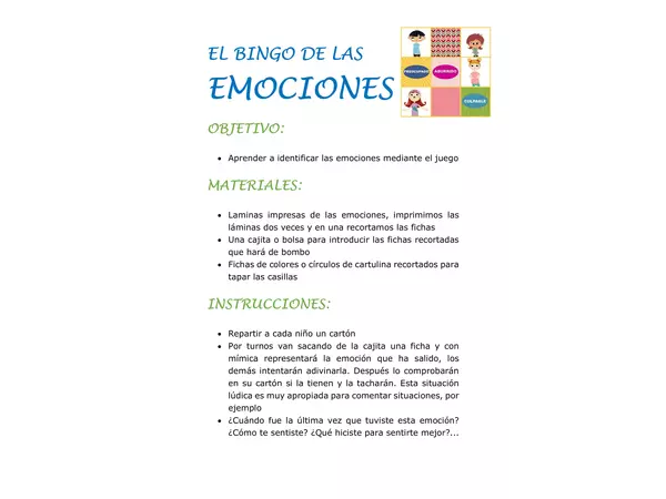 EL BINGO DE LAS  EMOCIONES
