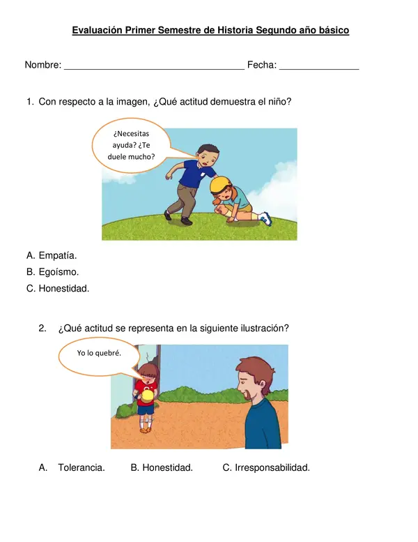 Evaluación primer semestre Historia, 2° año básico.