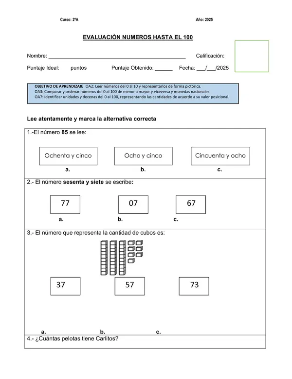 Evaluación de números hasta el 100