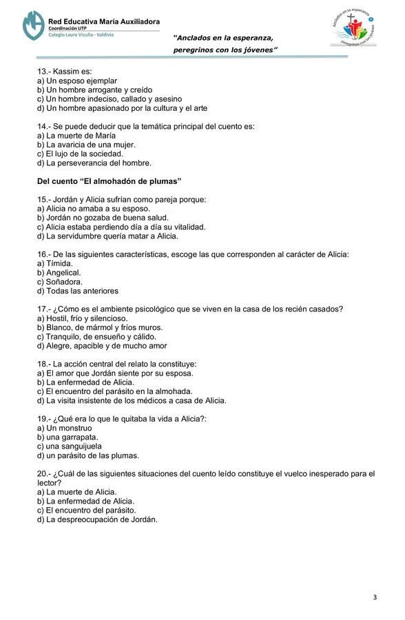 Evaluación Plan Lector "Cuentos de amor, locura y muerte"