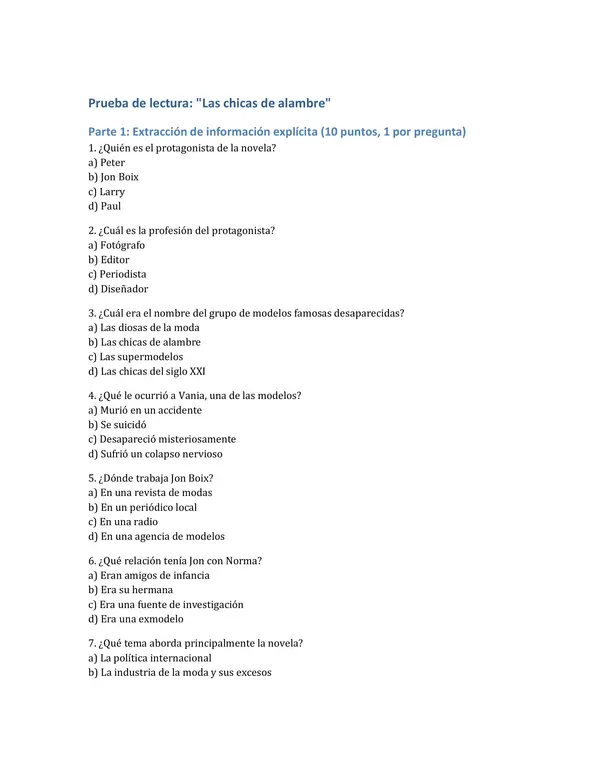 Evaluación de la lectura "Las chicas de alambre"