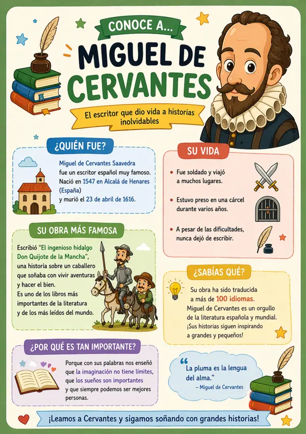 Póster Miguel de Cervantes para niños | Biografía infantil ilustrada | Cartel educativo literatura 