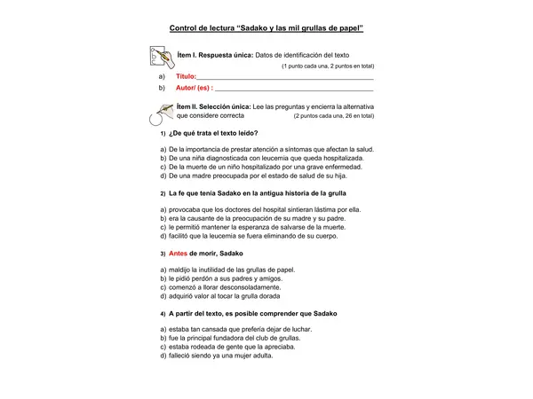 Guía para control de lectura "Sadako y las mil grullas de papel"