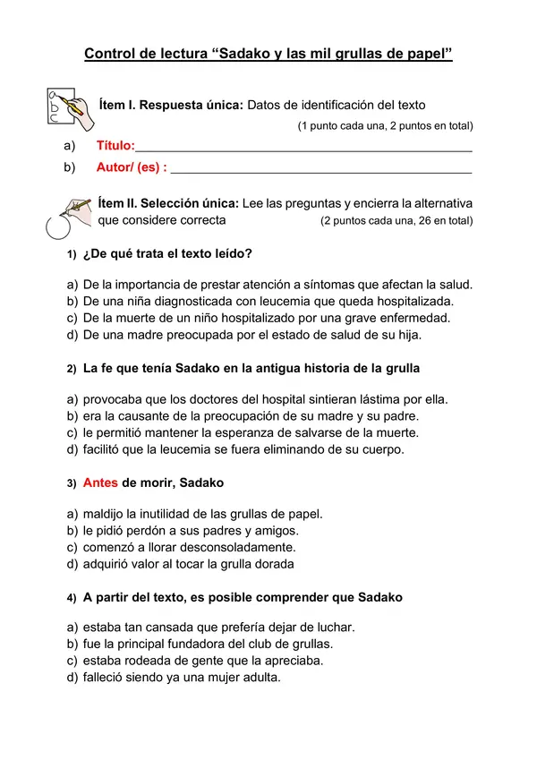 Guía para control de lectura "Sadako y las mil grullas de papel"