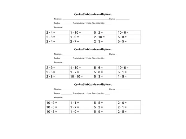 Controles de tablas de multiplicar (2, 5 y 10)
