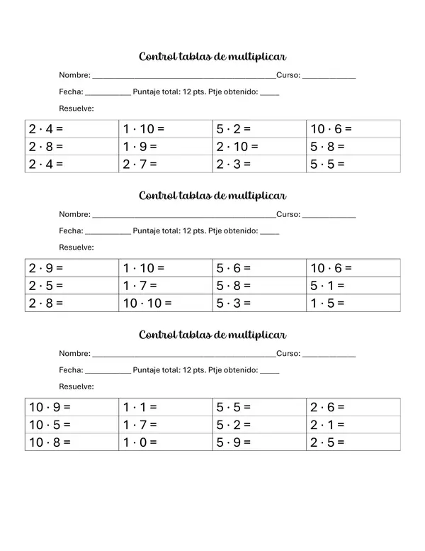 Controles de tablas de multiplicar (2, 5 y 10)