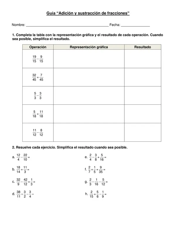 Guía "Adición y sustracción de fracciones" 5° año