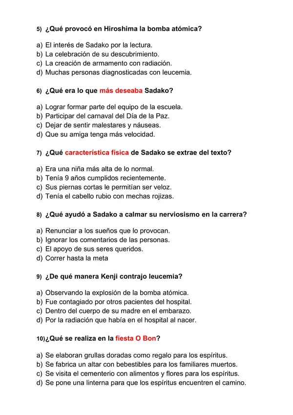 Guía para control de lectura "Sadako y las mil grullas de papel"