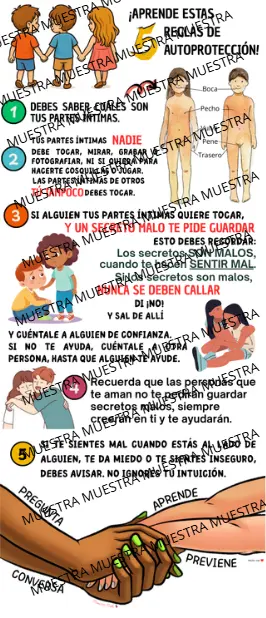 Afiche Prevención abuso sexual: Aprende estas 5 reglas de autoprotección.