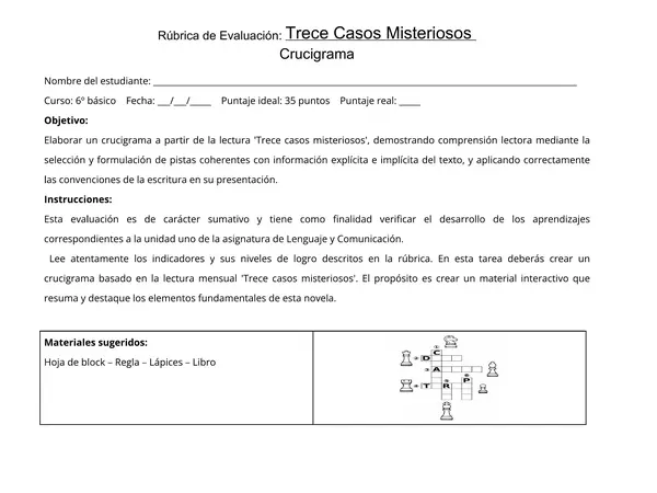 Crucigrama evaluación rúbrica. Trece casos misteriosos 