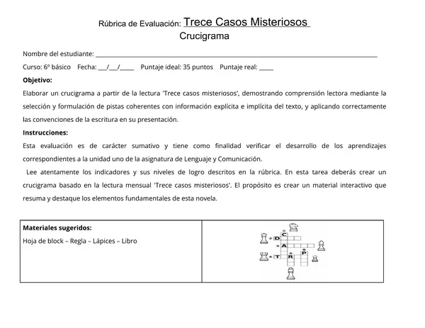 Crucigrama evaluación rúbrica. Trece casos misteriosos 