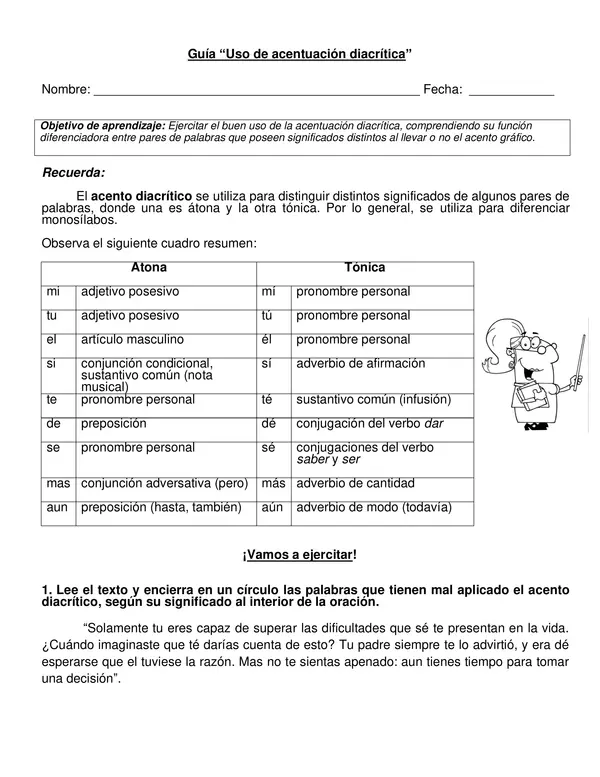 Guía "Uso de acentuación diacrítica" 5° año.