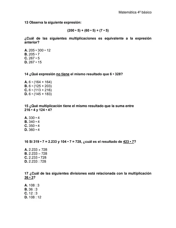 Evaluación matemática 4°año "Multiplicaciones y divisiones"