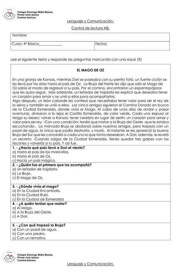 Control de comprensión lectora