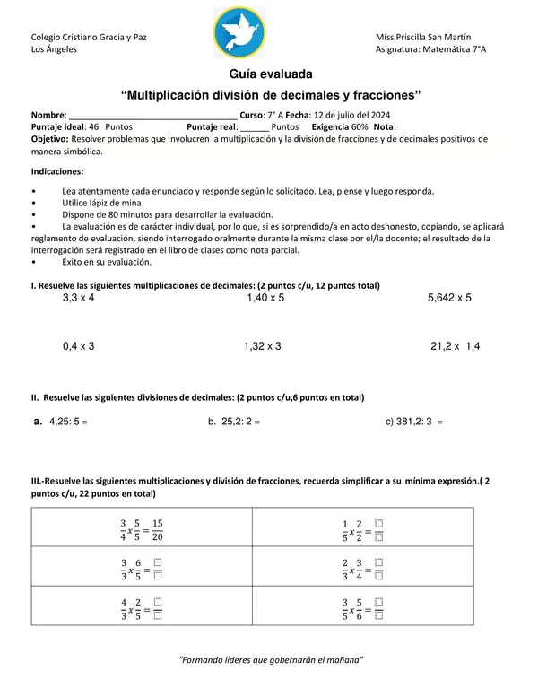 Guía evaluada fracciones y decimales