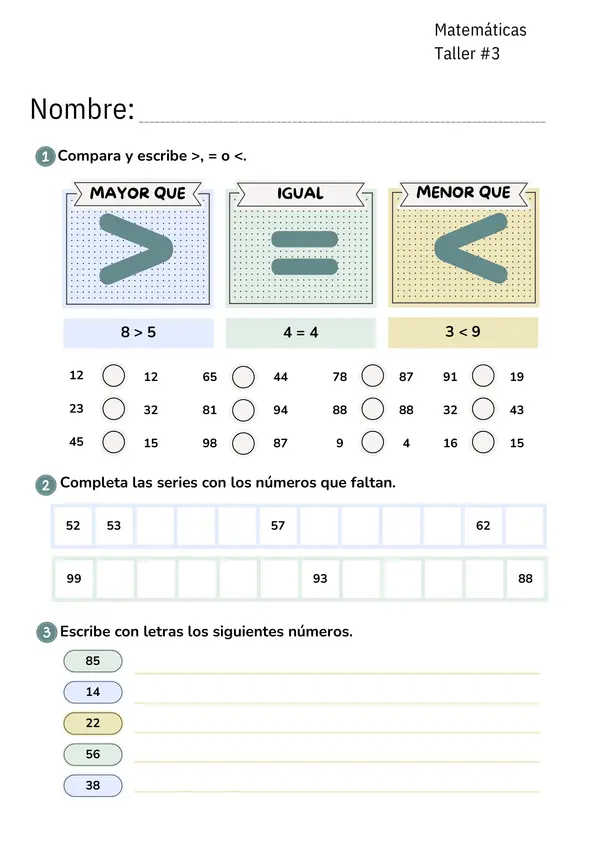 Taller #3 de Matemáticas – Grado Primero