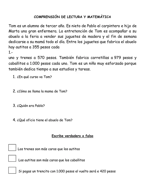 Actividad de comprensión y resolución de problemas matemáticos 