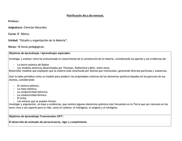 Planificación Clase a Clase: Diciembre | Ciencias Naturales 8° Básico