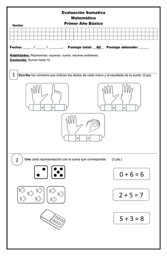 Evaluación Sumas hasta 10, 1° básico