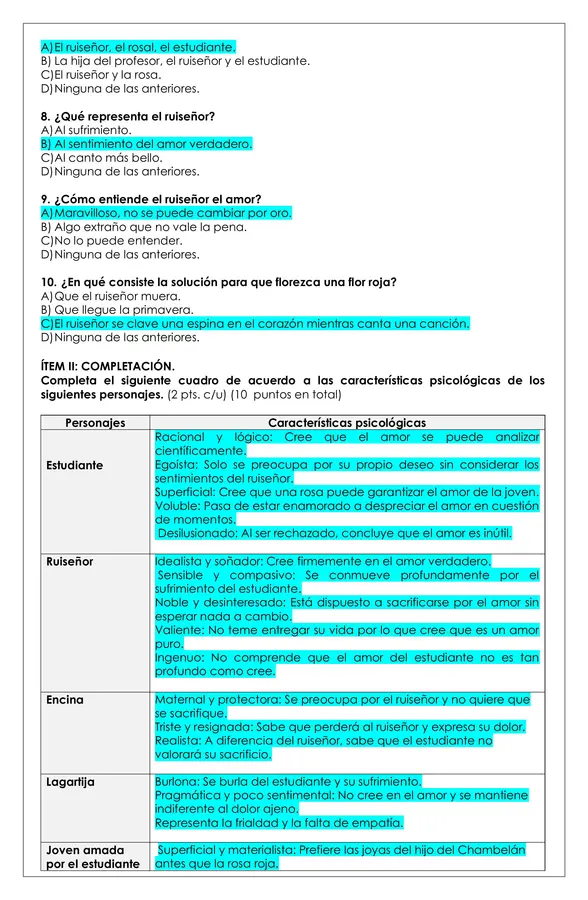 Prueba Lectura - El Ruiseñor y la Rosa