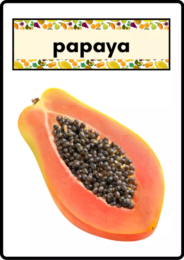 Flash Cards vocabulario de las Frutas en inglés Papaya