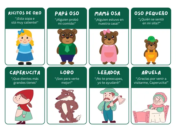 Tarjetas de Personajes de Cuentos Clásicos para Comprensión Lector