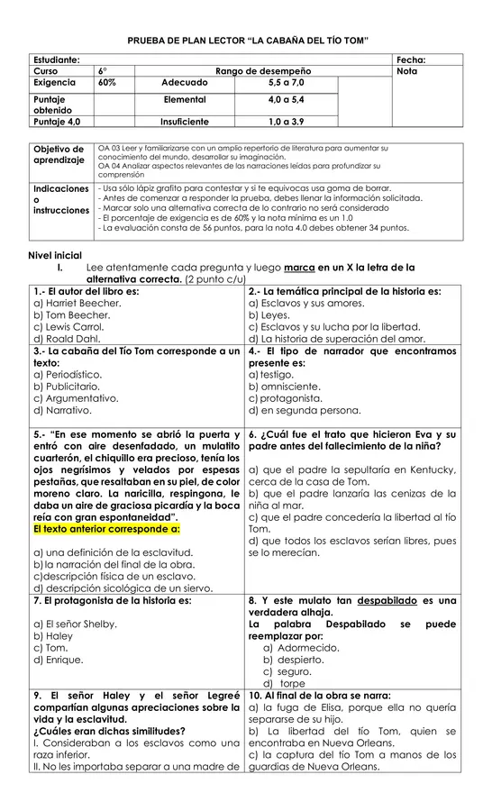 PRUEBA LECTURA "LA CABAÑA DEL TÍO TOM"