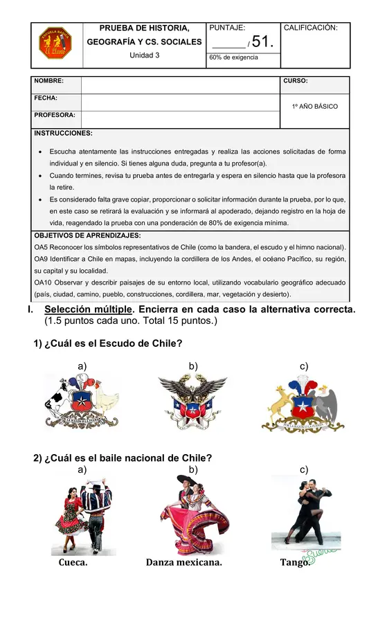 Prueba de Historia Primero básico Unidad 3 "Chile"