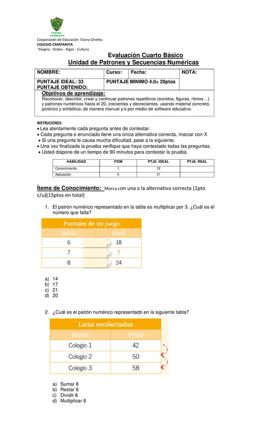 Evaluación Patrones y secuencias numéricas 