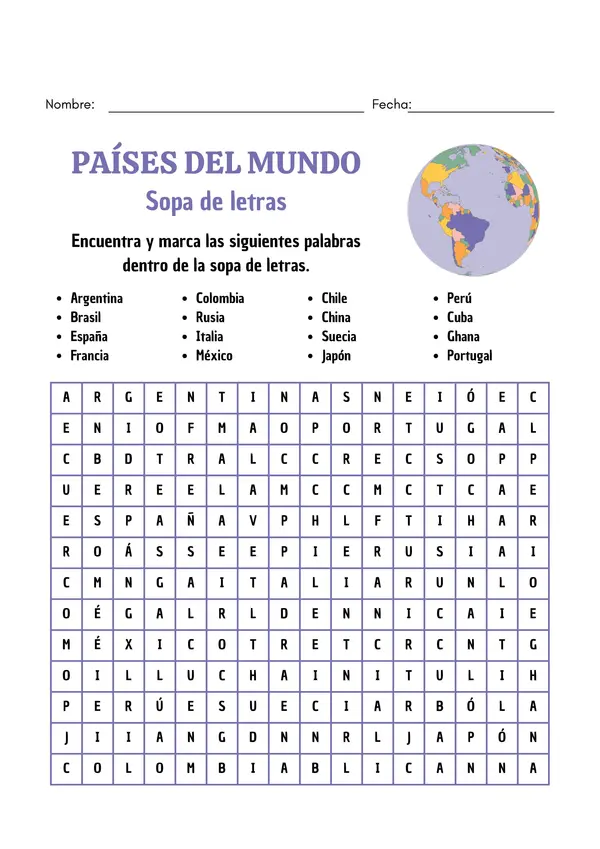 Sopa de letras Países del mundo