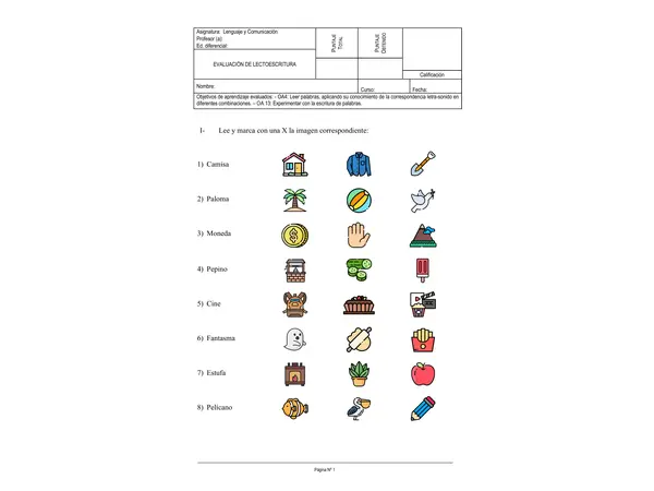 Evaluación de lectoescritura: M - P - L - S - T - D - N - F - C