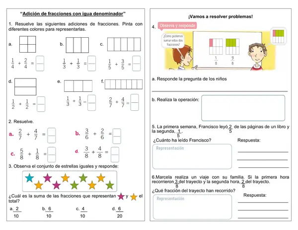 Guía matemática 3° - 4° año "Adición de fracciones con igual denominador"
