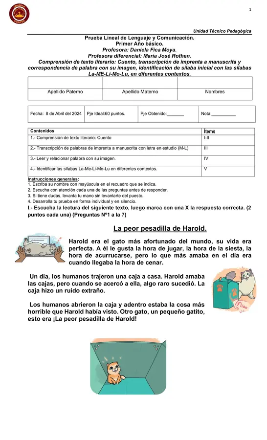 Prueba cuento y contenidos 1°