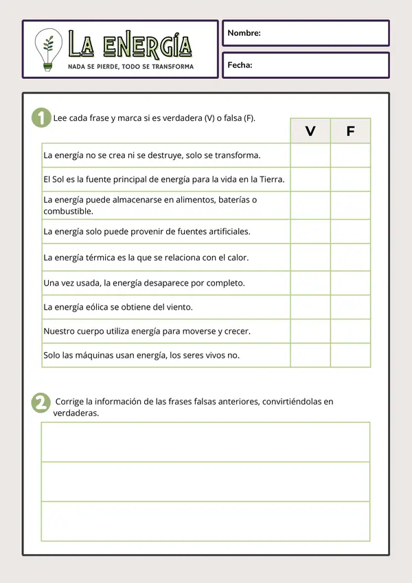 Actividad verdader y falso sobre La Energía 