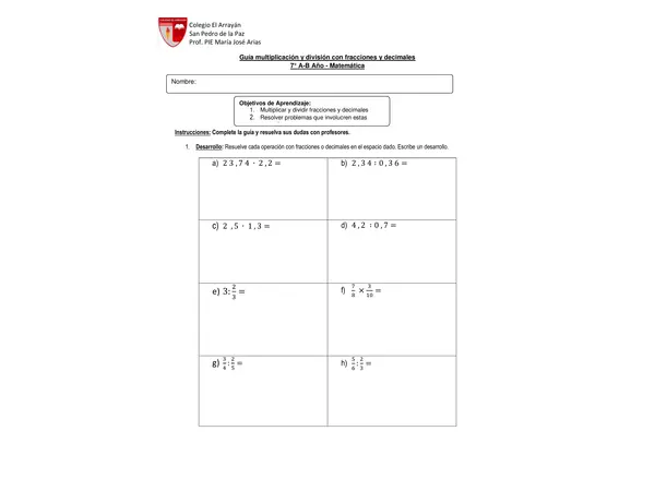 Guía multiplicación y división de fracciones y decimales 