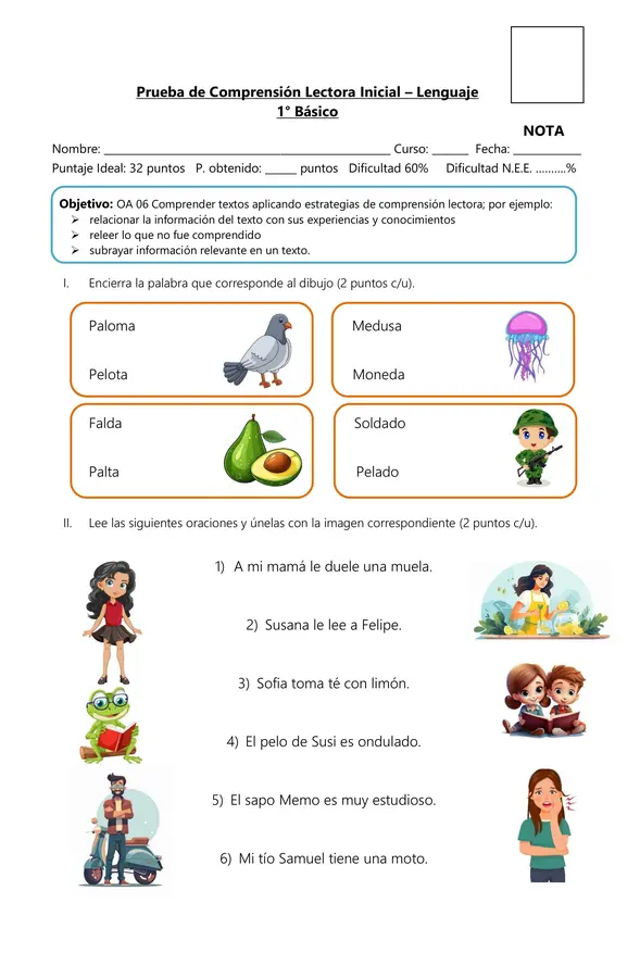 Prueba de Comprensión Lectora Inicial – Lenguaje | 1° Básico