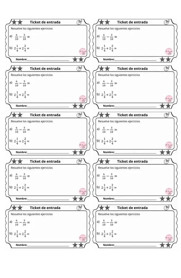Adición y sustracción de fracciones: apoyo de memoria+ tickets de entrada y estudio