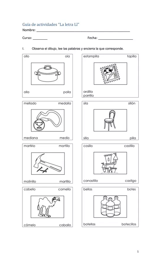 Guía de actividades “La letra Ll” Lenguaje Primero Basico