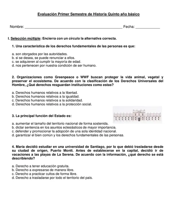 Evaluación primer semestre de historia 5° año.