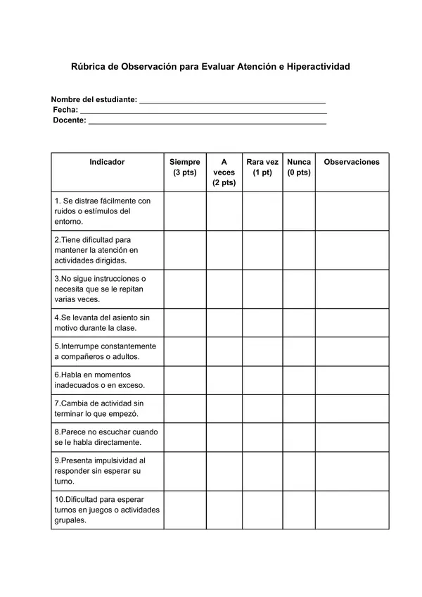 Rúbrica de observación para evaluar Atención e hiperactividad