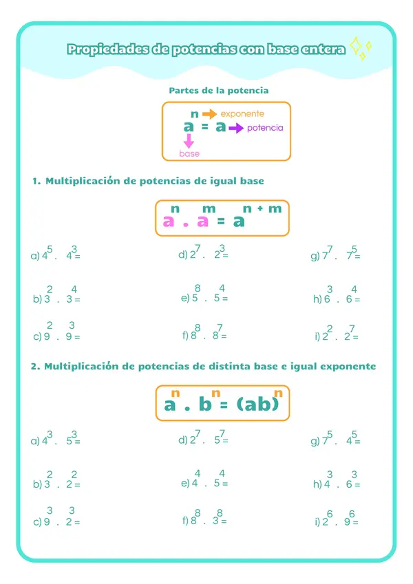 Propiedades de potencias con base entera (multiplicación y división)