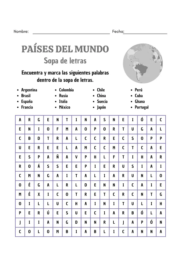 Sopa de letras Países del mundo