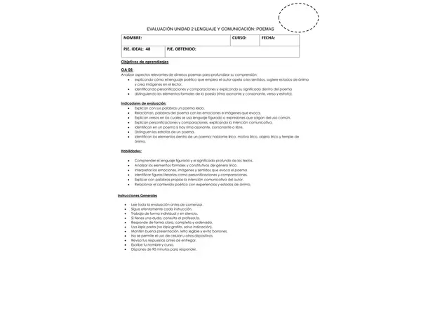 EVALUACIÓN 5TO BÁSICO LENGUAJE: INTERPRETAR POEMAS- RIMAS-FIGURAS LITERARIAS