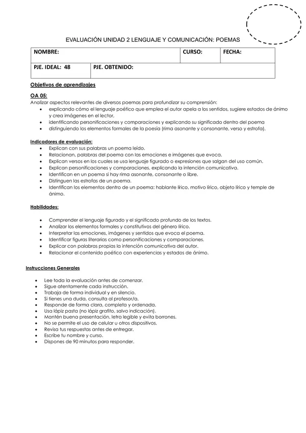 EVALUACIÓN 5TO BÁSICO LENGUAJE: INTERPRETAR POEMAS- RIMAS-FIGURAS LITERARIAS
