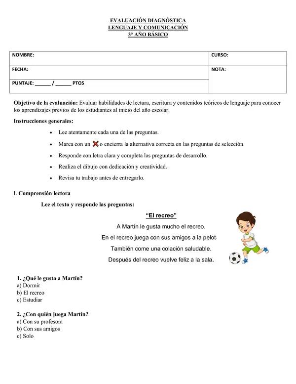 Prueba diagnóstica de Lenguaje 3° básico