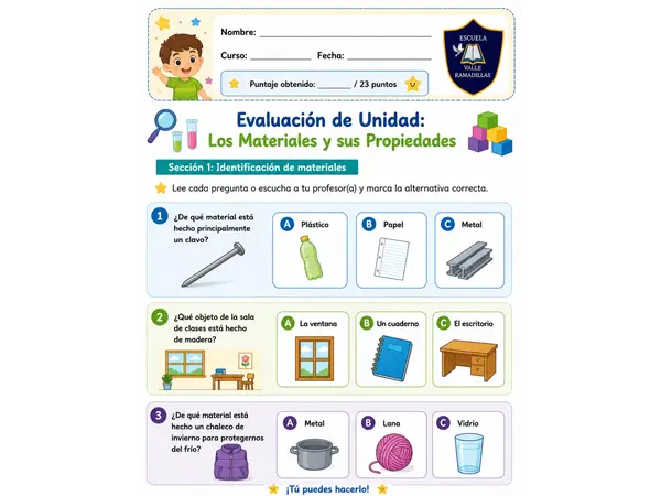 Evaluación Materiales y sus propiedades 1° Básico
