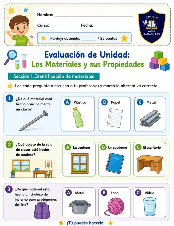 Evaluación Materiales y sus propiedades 1° Básico